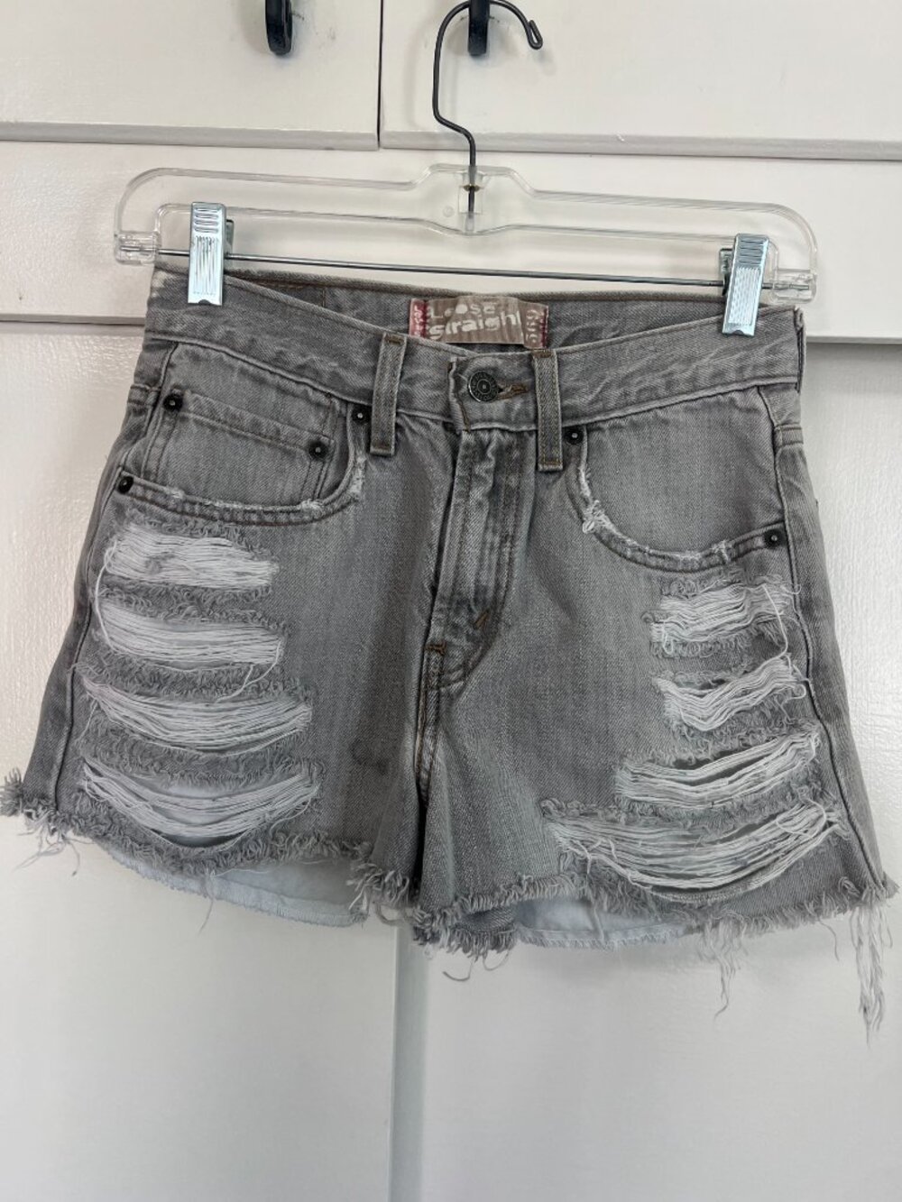 Women's High Waisted Levi Beige Gray Distressed Jean Shorts